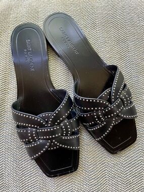 $745 Saint Laurent Black Leather Studded Tribute Sandals Size 38
